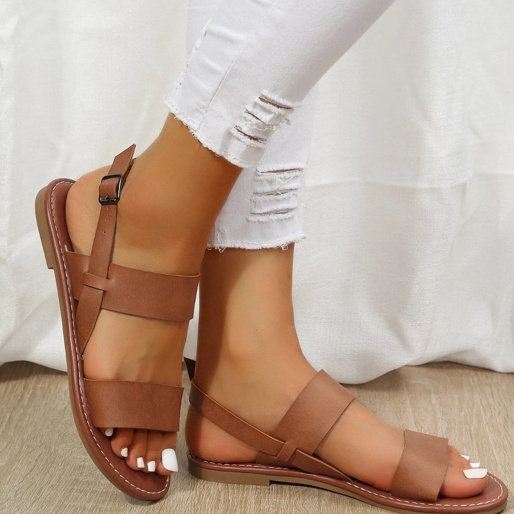 Brown Boho Women Twin Strap Artificial Leather Open Toe Ankle Strap Sandals - Picture 2 of 5